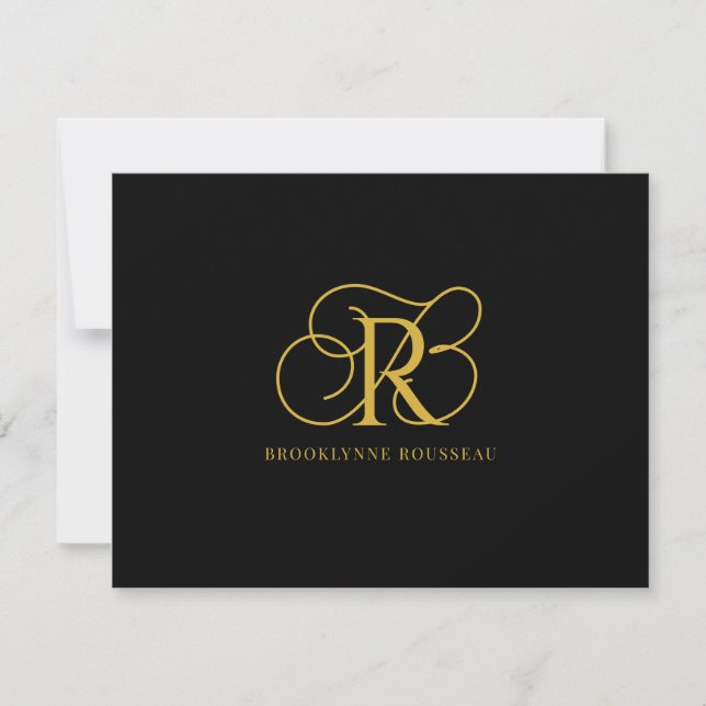 Elegant Gold Monogram Black Flat Note Card (Front)