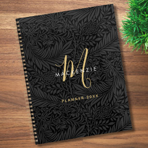 Elegant Gold Monogram Black Floral 2026 Planner
