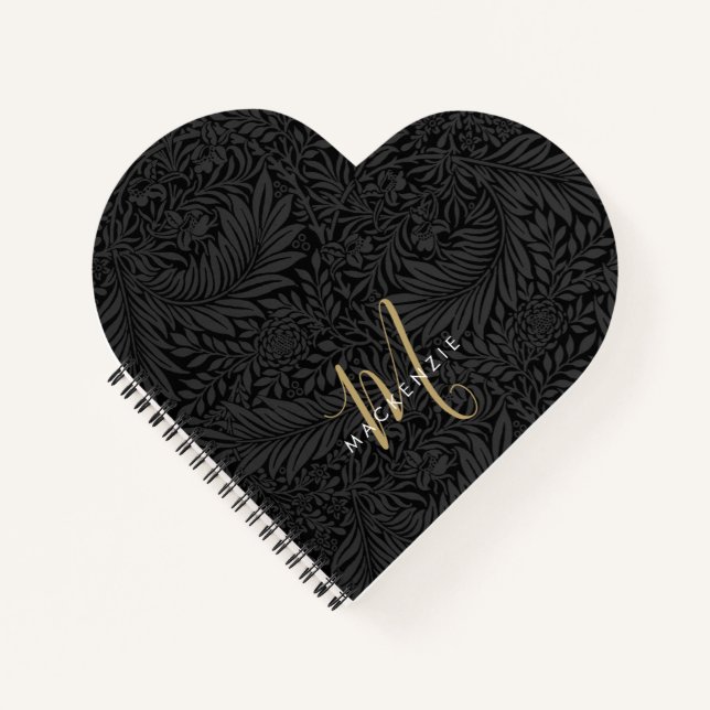 Elegant Gold Monogram Black Floral Pattern Notebook (Front)