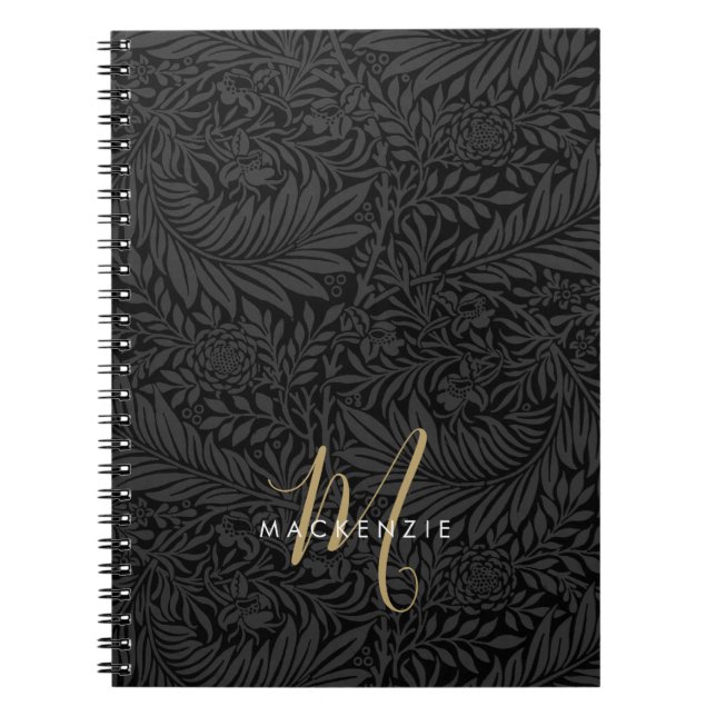 Elegant Gold Monogram Black Floral Pattern Notebook (Front)