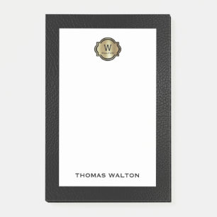 Elegant Gold Monogram Black Leather Look Post-it Notes