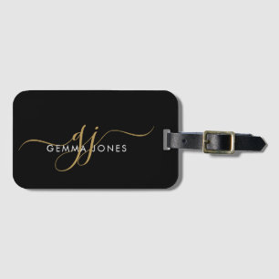 Elegant Gold Monogram Black Luggage Tag