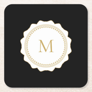 Elegant Gold Monogram Black Square Paper Coaster