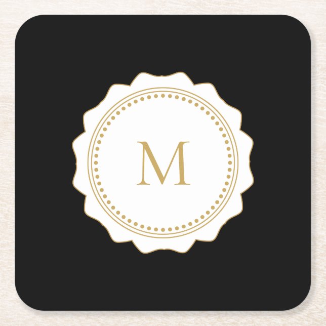 Elegant Gold Monogram Black Square Paper Coaster (Front)