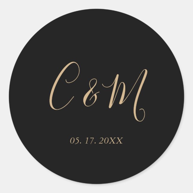 Elegant Gold Monogram Black Wedding Classic Round Sticker (Front)