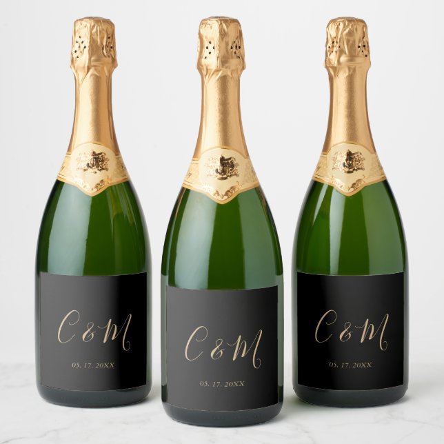 Elegant Gold Monogram Black Wedding Wine Label (Bottles)
