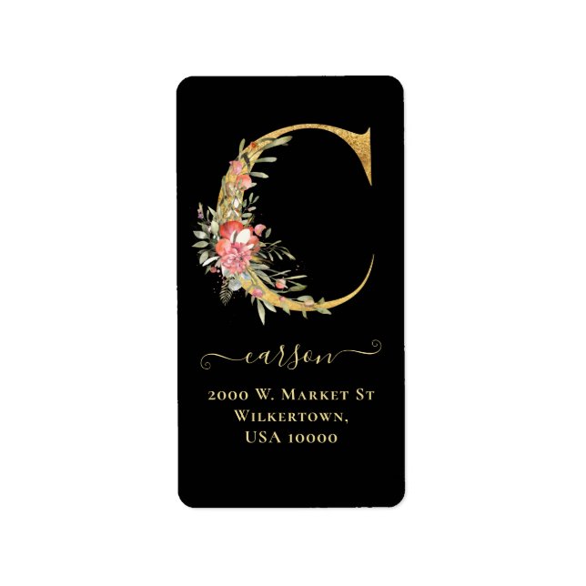 Elegant Gold Monogram C Floral Address Label (Front)