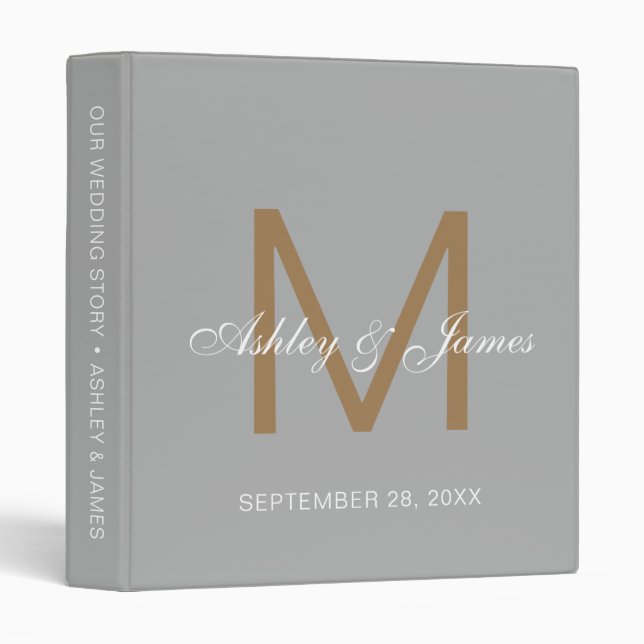 Elegant Gold Monogram Calligraphy Grey Wedding Binder (Front/Spine)