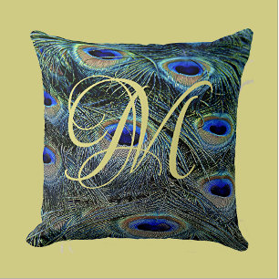 Elegant Gold Monogram Colourful Peacock Feathers Throw Pillow