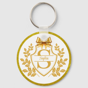 Elegant Gold Monogram Crest, Bow Personalized Name Keychain