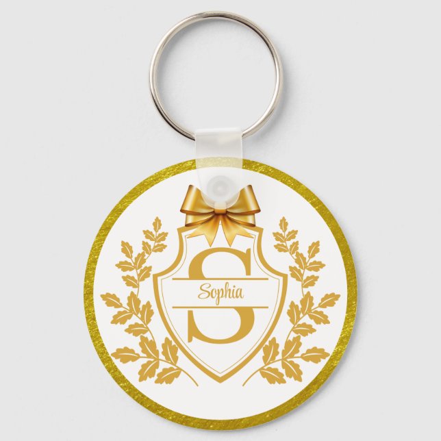 Elegant Gold Monogram Crest, Bow Personalized Name Keychain (Front)