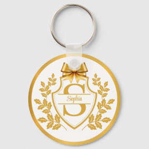 Elegant Gold Monogram Crest, Bow Personalized Name Keychain