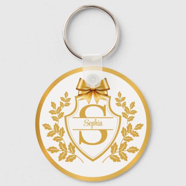 Elegant Gold Monogram Crest, Bow Personalized Name Keychain (Front)