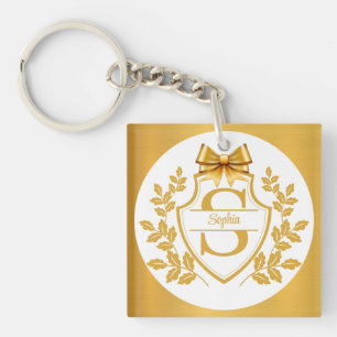 Elegant Gold Monogram Crest, Bow Personalized Name Keychain