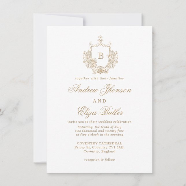 Elegant Gold Monogram Crest Custom Wedding Invitation (Front)