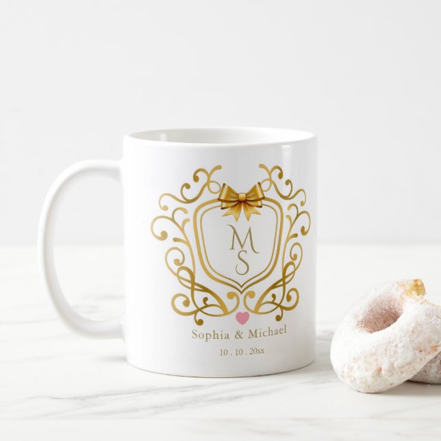 Elegant Gold Monogram Crest Personalized Wedding Coffee Mug (With Donut)