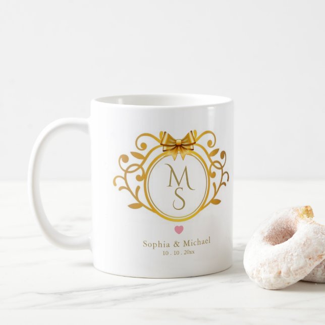 Elegant Gold Monogram Crest Personalized Wedding Coffee Mug (With Donut)