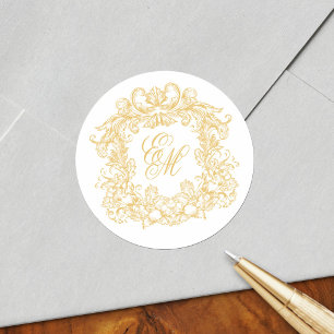 Elegant Gold Monogram Crest Vintage Wedding Classic Round Sticker