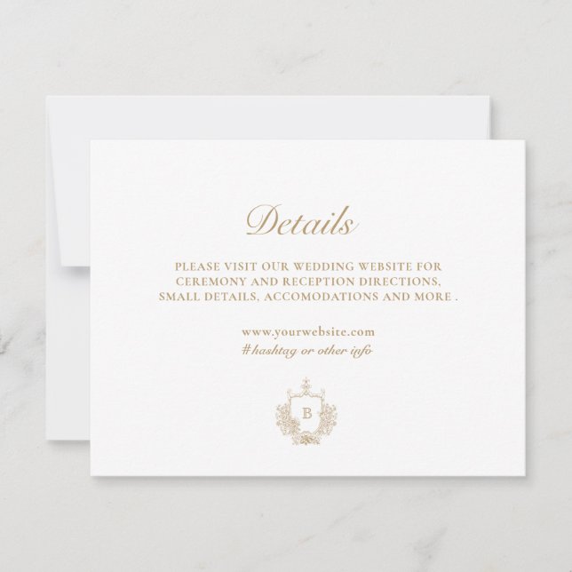 Elegant Gold Monogram Crest Wedding Details Card (Front)