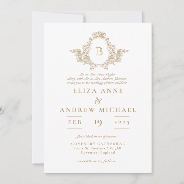 Elegant Gold Monogram Crest Wedding Invitation (Front)