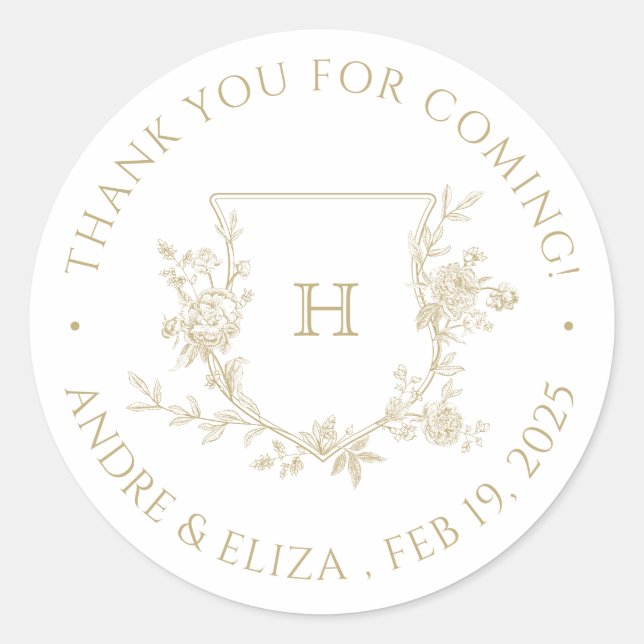 Elegant Gold Monogram Crest Wedding Thank You  Classic Round Sticker (Front)