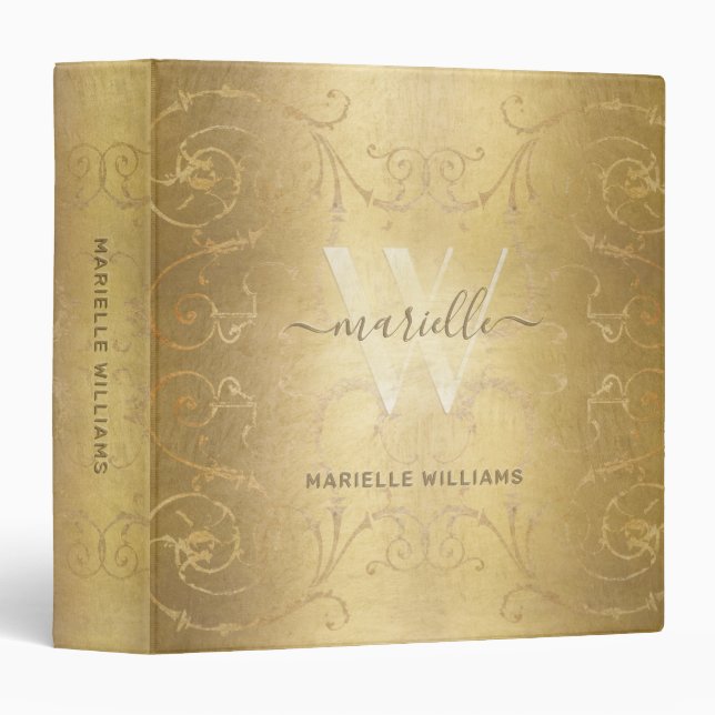 Elegant Gold Monogram Damask Modern Script Binder (Front/Spine)