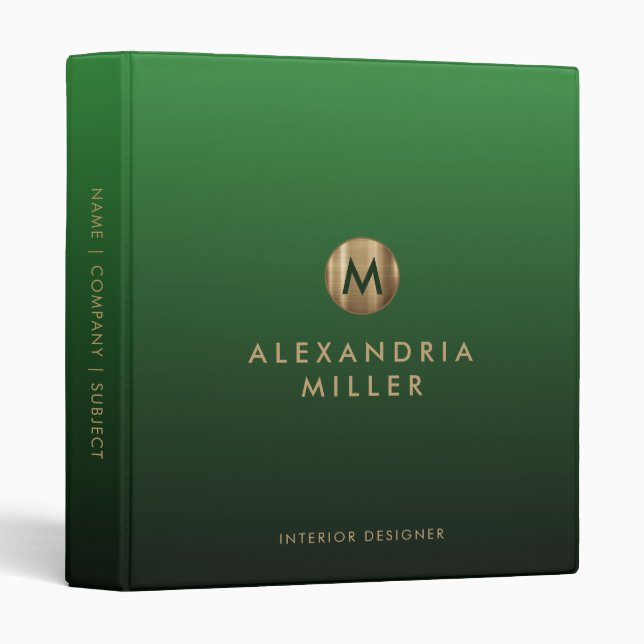 Elegant Gold Monogram Emerald Green Binder (Front/Spine)