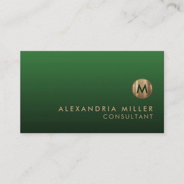 Elegant Gold Monogram Emerald Green Business Card (Front)