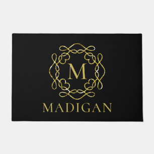 Elegant Gold Monogram Family Name Black Doormat