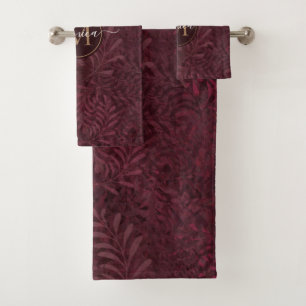 Elegant Gold Monogram Floral Brown Maroon Bath Towel Set
