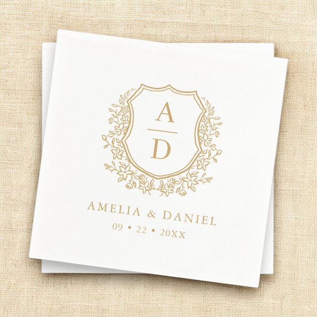 Elegant Gold Monogram Floral Crest Wedding  Napkin (Creator Uploaded)