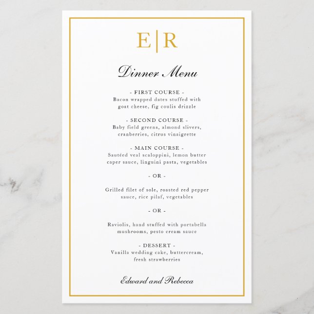 Elegant Gold Monogram Formal Wedding Menu (Front)
