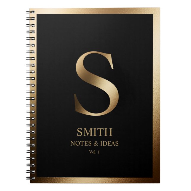 Elegant Gold Monogram Framed | Black Notebook (Front)
