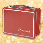 Elegant Gold Monogram Girls Boys Kids Cute School Metal Lunch Box<br><div class="desc">Create your own custom, personalized, simple, elegant faux gold calligraphy / typography / script / font monogram monogrammed, modern cool chic stylish, adorable, durable food safe tin plate, food contact safe interior material, classic style kids girls boys cute red metal school lunch box with collapsible black plastic handles. Simply type...</div>