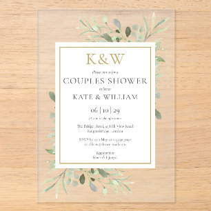 Elegant Gold Monogram Greenery Couples Shower Acrylic Invitations