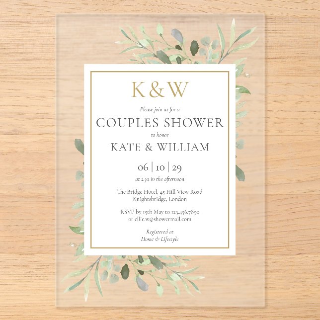Elegant Gold Monogram Greenery Couples Shower Acrylic Invitations (Front)