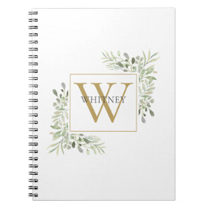 Elegant Gold Monogram Greenery Foliage Notebook