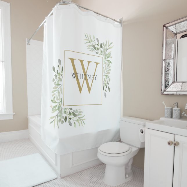 Elegant Gold Monogram Greenery Foliage Shower Curt (In Situ)