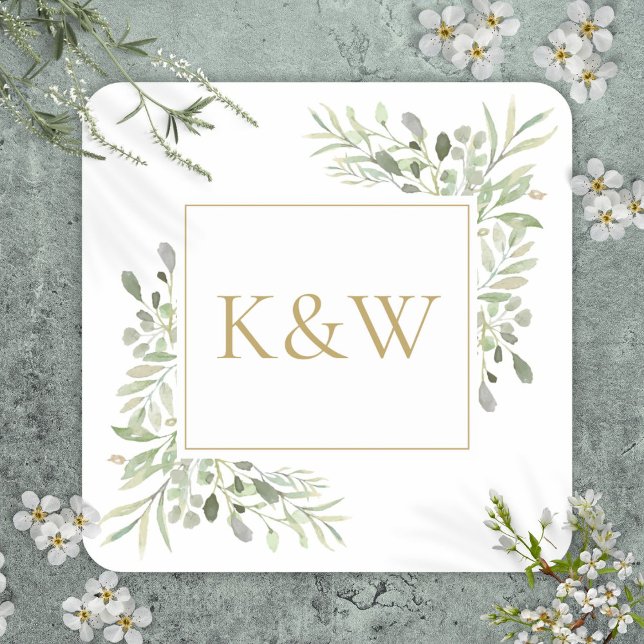 Elegant Gold Monogram Greenery Foliage Wedding Square Sticker (Elegant Gold Monogram Greenery Foliage Wedding Square Sticker)