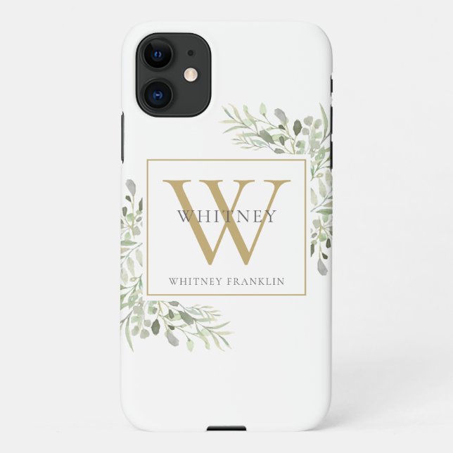 Elegant Gold Monogram Greenery iPhone Case (Back)