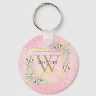 Elegant Gold Monogram Greenery Pink Agate Geode Keychain