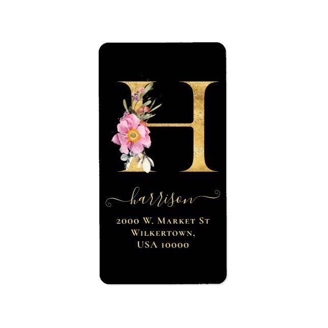 Elegant Gold Monogram H Floral Address Label (Front)