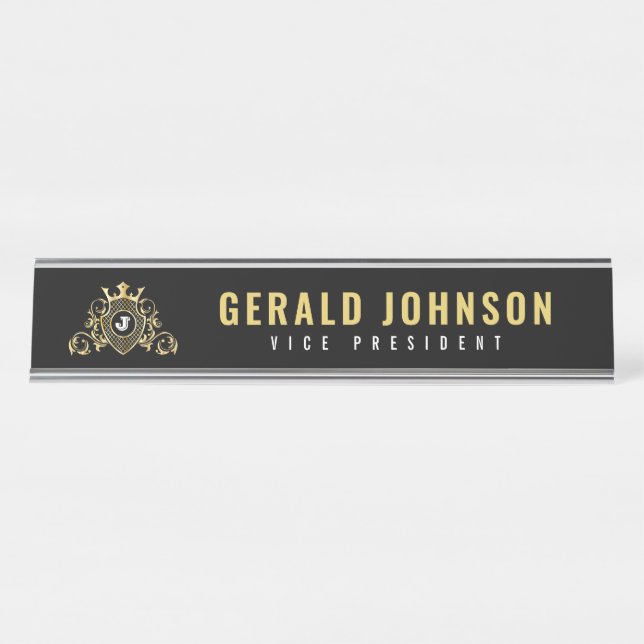 Elegant Gold Monogram Initial Design Desk Name Plate (Front)
