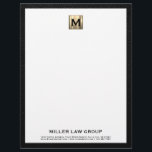 Elegant Gold Monogram Letterhead<br><div class="desc">Elevate your legal correspondence with our Custom Gold Monogram Business Letterhead. Featuring a brushed gold monogram initial at the top and firm name, along with contact information, in black classic typography elegantly positioned in the lower thirds, all framed in a sophisticated black textured print. The back showcases a smaller brushed...</div>