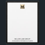 Elegant Gold Monogram Letterhead<br><div class="desc">Elevate your legal correspondence with our Custom Gold Monogram Business Letterhead. Featuring a brushed gold monogram initial at the top and firm name, along with contact information, in black classic typography elegantly positioned in the lower thirds, all framed in a sophisticated black textured print. The back showcases a smaller brushed...</div>