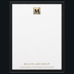 Elegant Gold Monogram Letterhead<br><div class="desc">Elevate your legal correspondence with our Custom Gold Monogram Business Letterhead. Featuring a brushed gold monogram initial at the top and firm name and contact information in classic golden typography elegantly positioned in the lower thirds, all framed in a sophisticated black textured print. Designed for law firms, attorneys, and legal...</div>