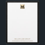 Elegant Gold Monogram Letterhead<br><div class="desc">Elevate your legal correspondence with our Custom Gold Monogram Business Letterhead. Featuring a brushed gold monogram initial at the top and firm name and contact information in classic golden typography elegantly positioned in the lower thirds, all framed in a sophisticated black textured print. Designed for law firms, attorneys, and legal...</div>