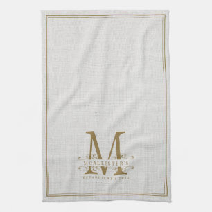 Elegant Gold Monogram Linen Family Establish Year Kitchen Towel