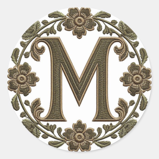 Elegant Gold Monogram M Embroidered Classic Round Sticker (Front)