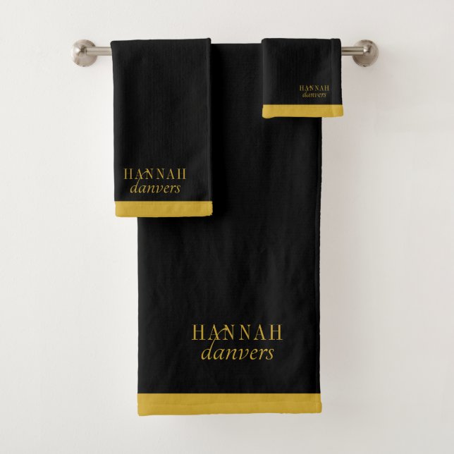 Elegant Gold Monogram Name Black  Bath Towel Set (Insitu)